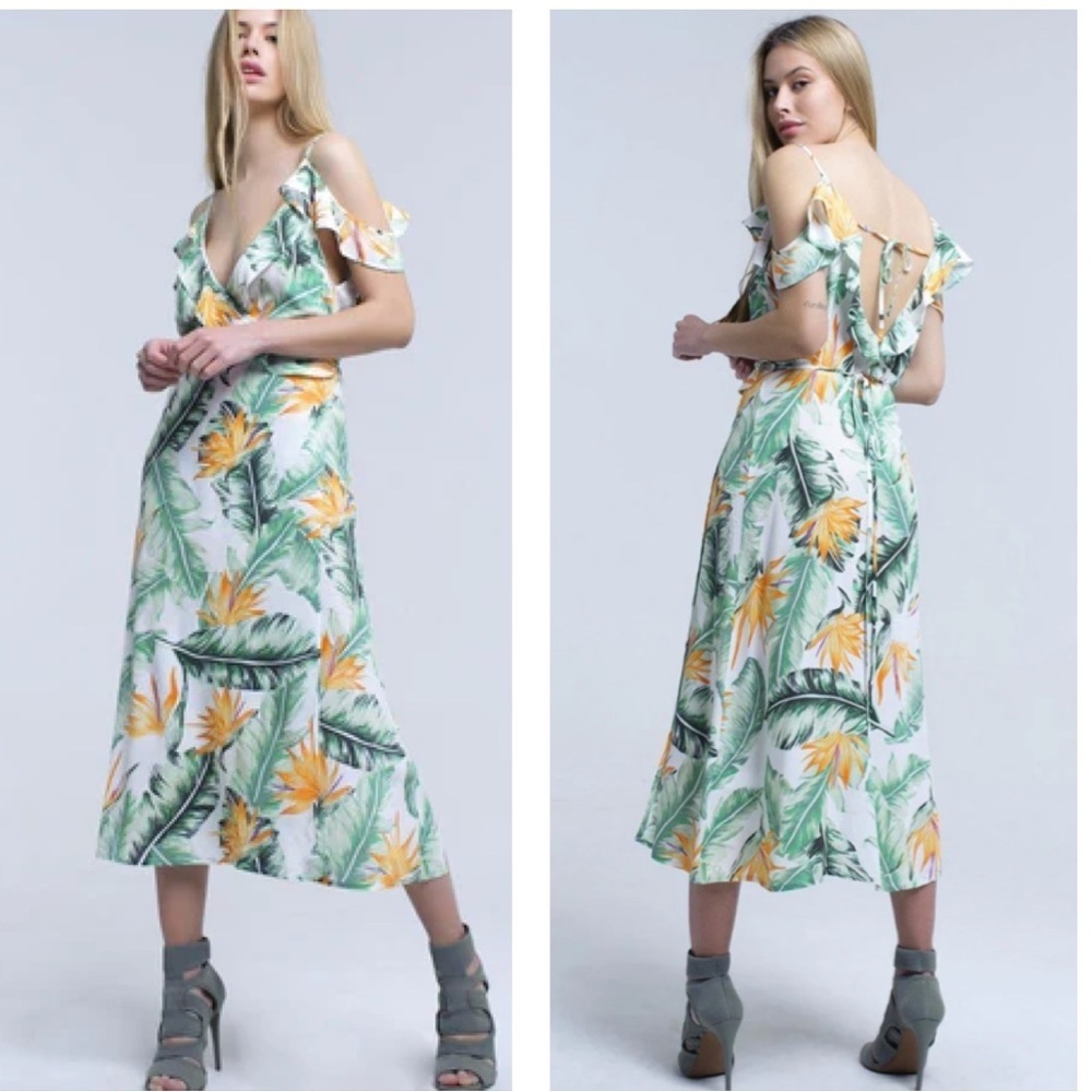 Q2 Collection Tropical Pattern White Midi-Dress